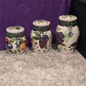 Vintage Fruit Ceramic Canister Set 3 Piece Hand Painted Grapes Pear Apple Latch